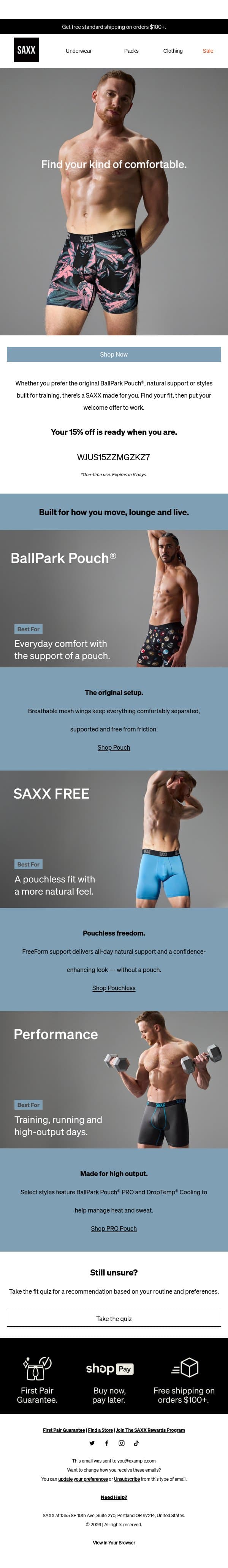 Which SAXX fit is right for you? email from SAXX screenshot