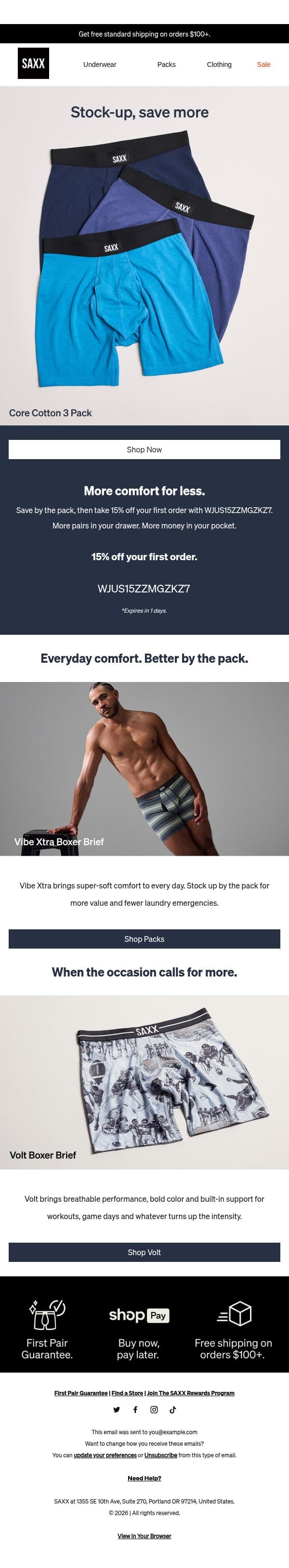 More SAXX. Less per pair. Save 15%. email from SAXX screenshot