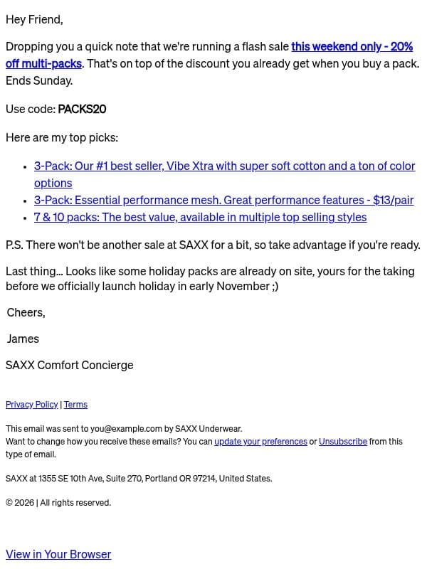 Members flash sale: 20% off Multi-Packs email from SAXX