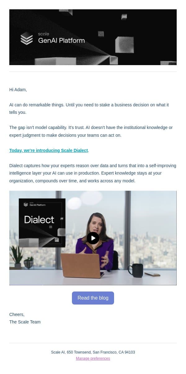 Introducing Scale Dialect email from Scale AI screenshot