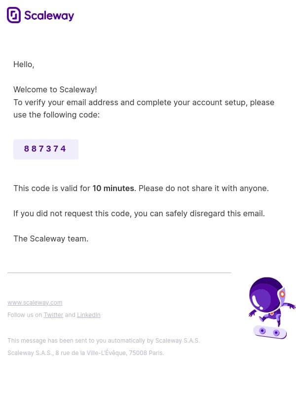 Use the code 887374 to complete your account setup email from Scaleway screenshot
