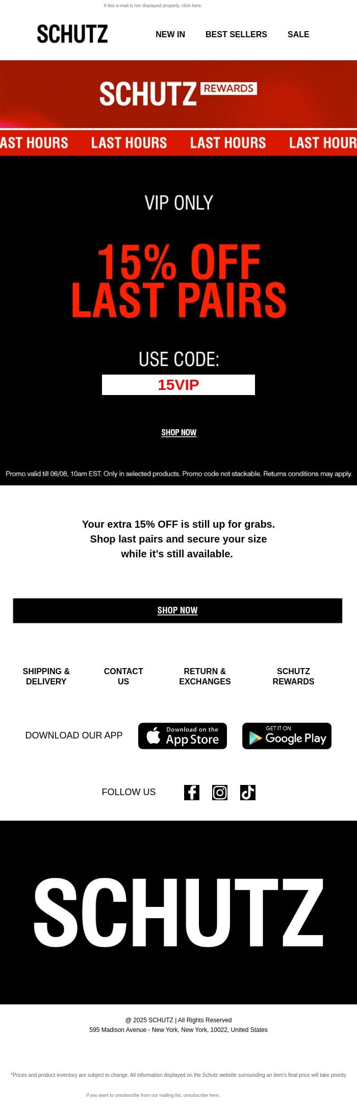 VIP 15% OFF On Last Pairs email from Schutz screenshot