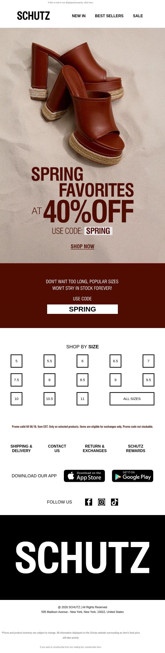 40% OFF Spring Favorites email from Schutz screenshot