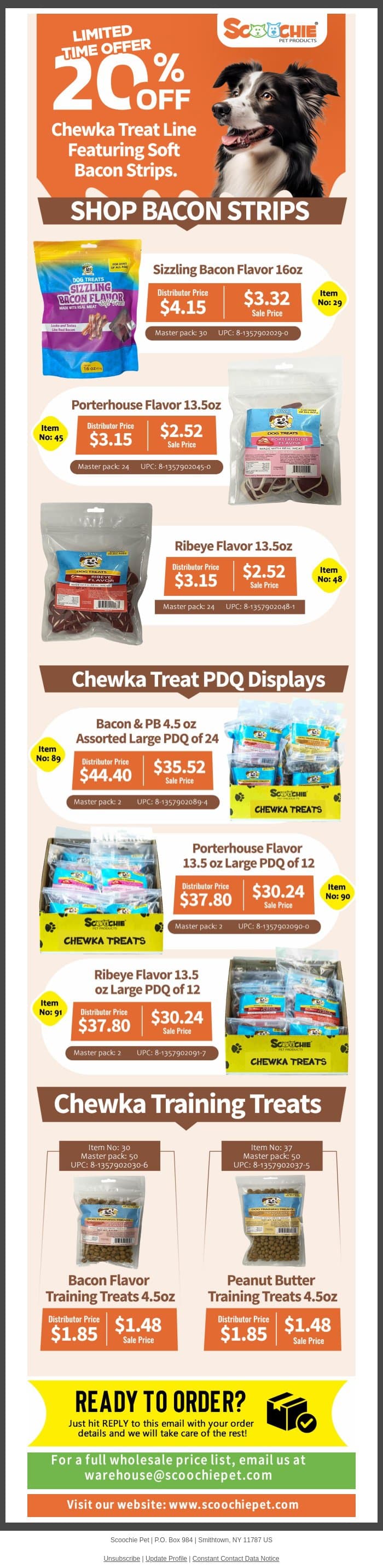 20% wholesale discount on the Chewka Treat Collection email from Scoochie Pet screenshot