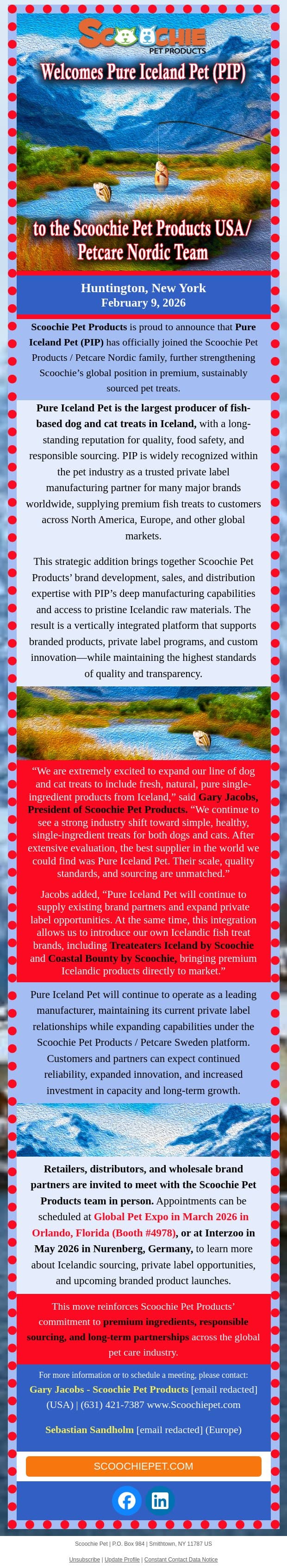 Icelandic Press Release email from Scoochie Pet screenshot