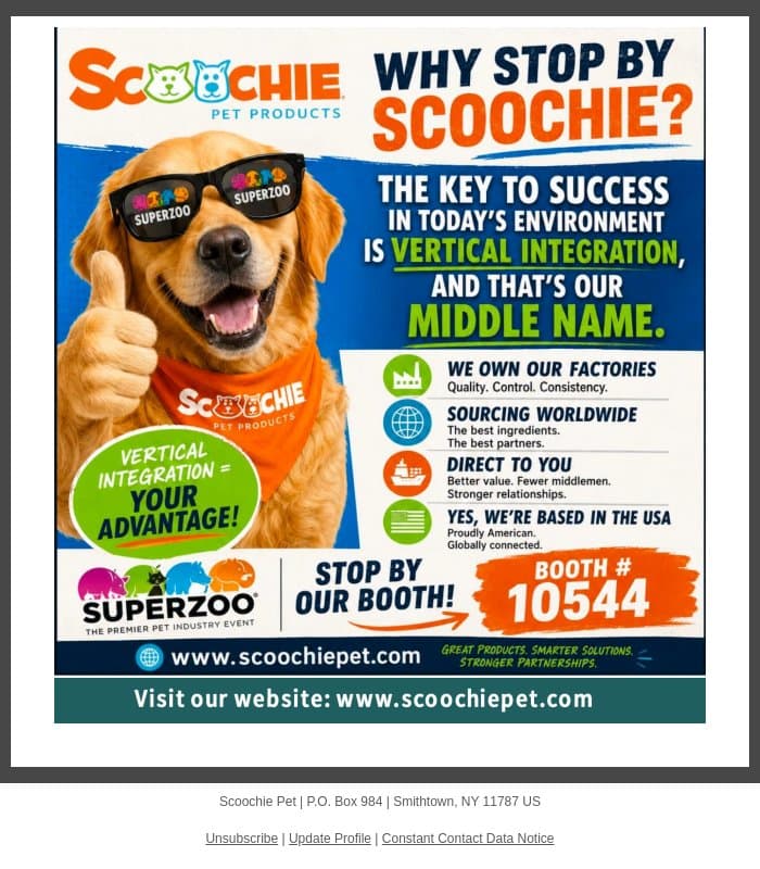 Reminder: SCOOCHIE IN VEGAS @ SUPERZOO BOOTH 10544 email from Scoochie Pet screenshot