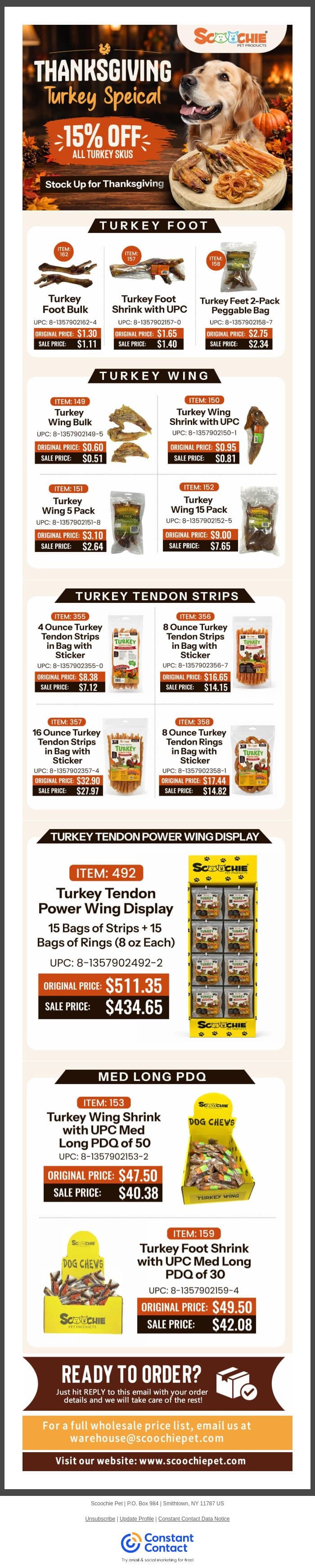 Updated Pricing: 15% off all Turkey SKUs to stock up for Thanksgiving email from Scoochie Pet screenshot