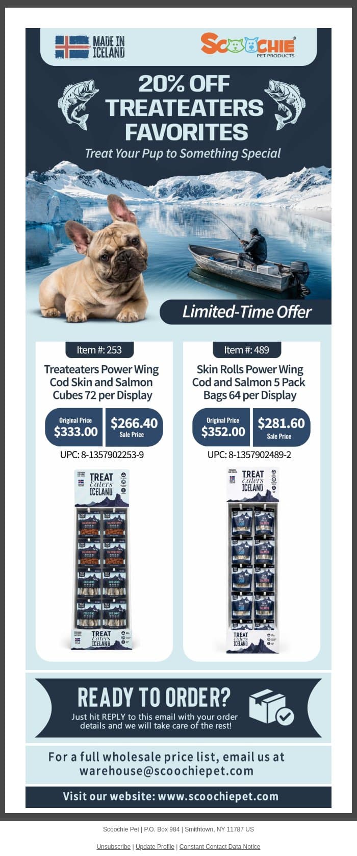 Wholesale Alert: 20% off Icelandic Dog Treats email from Scoochie Pet screenshot