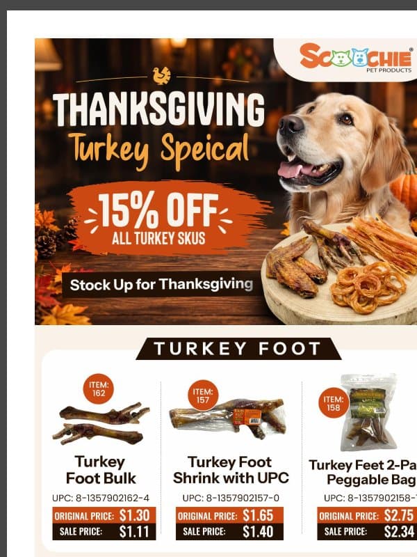 Updated Pricing: 15% off all Turkey SKUs to stock up for Thanksgiving email from Scoochie Pet
