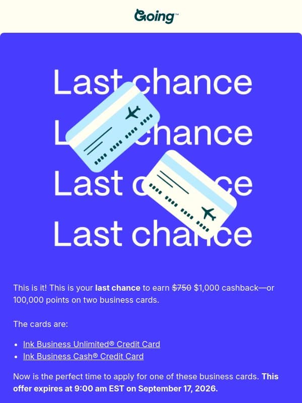 Last chance for $1,000 or 100,000 travel points email from Scott's Cheap Flights