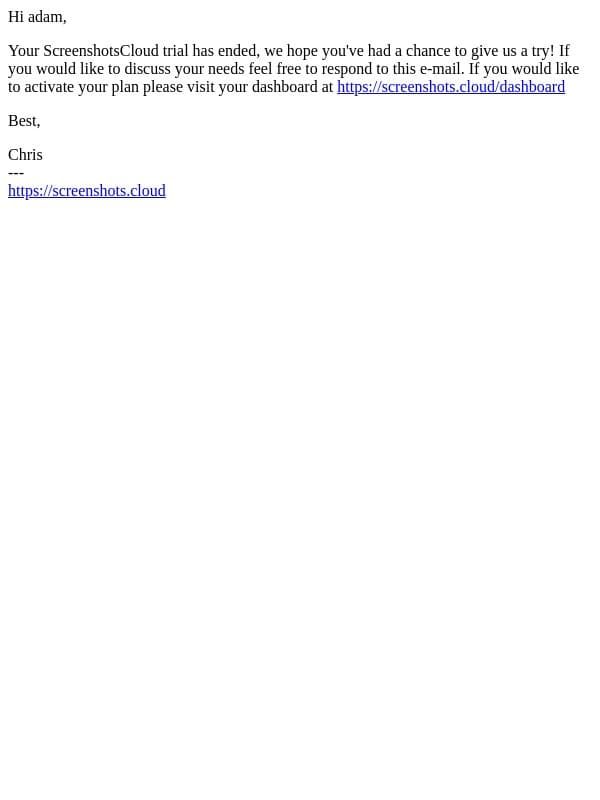 ScreenshotsCloud Trial Ended email from Screenshots.cloud