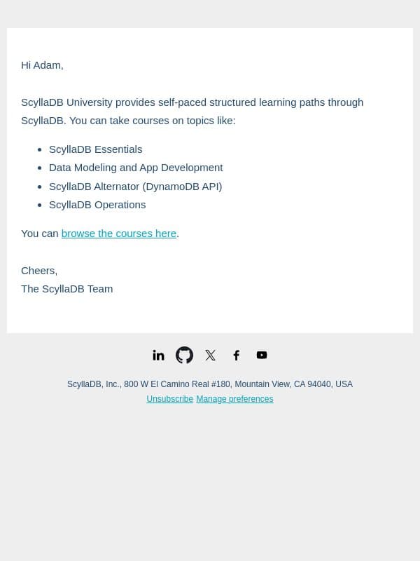 Self-paced ScyllaDB University courses email from ScyllaDB screenshot