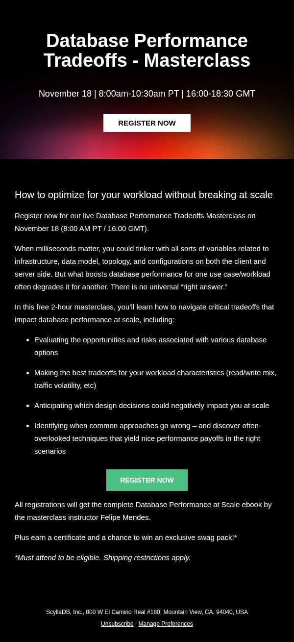 Masterclass: Database Performance Tradeoffs enrollment open email from ScyllaDB screenshot
