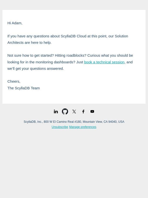 Any questions for a ScyllaDB Solutions Architect? email from ScyllaDB screenshot