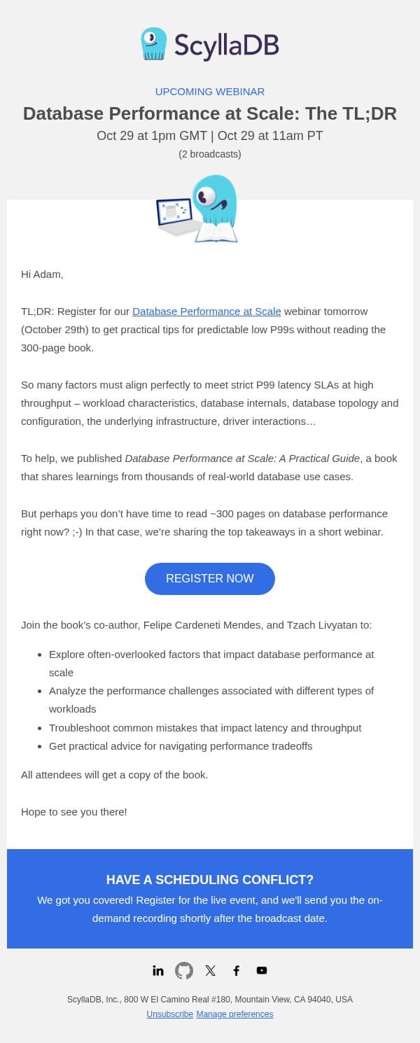 Tomorrow: Database Performance at Scale, the TL;DR email from ScyllaDB screenshot