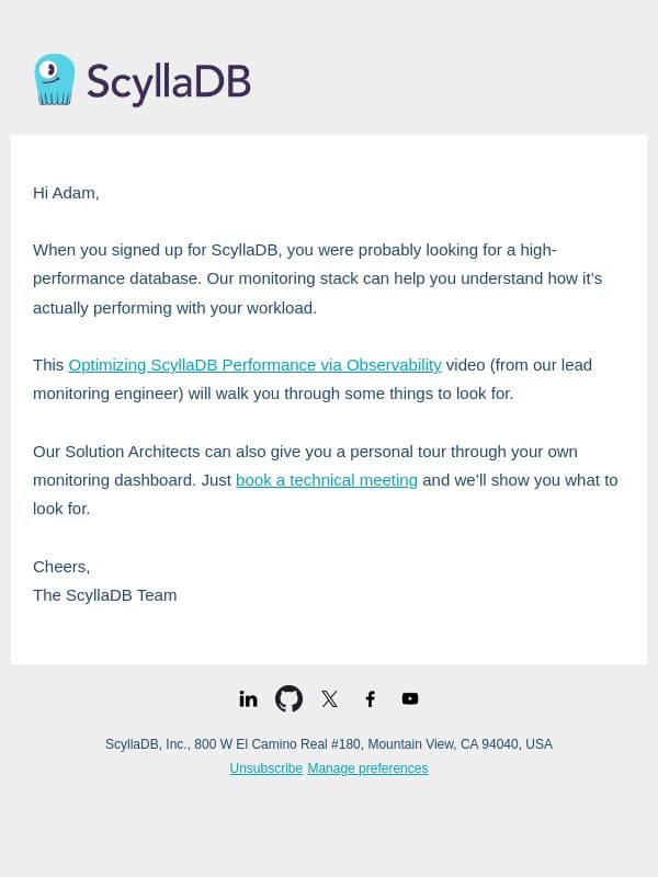 ScyllaDB monitoring tips email from ScyllaDB screenshot