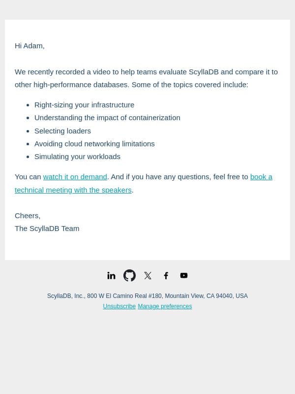 Tips for evaluating ScyllaDB - video email from ScyllaDB screenshot