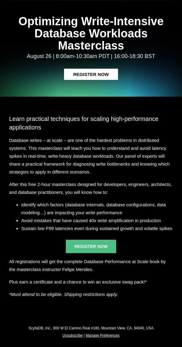 Write-Intensive Database Workloads Masterclass email from ScyllaDB screenshot