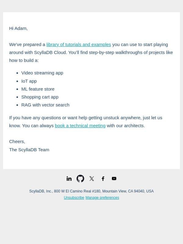 ScyllaDB examples and tutorials email from ScyllaDB screenshot