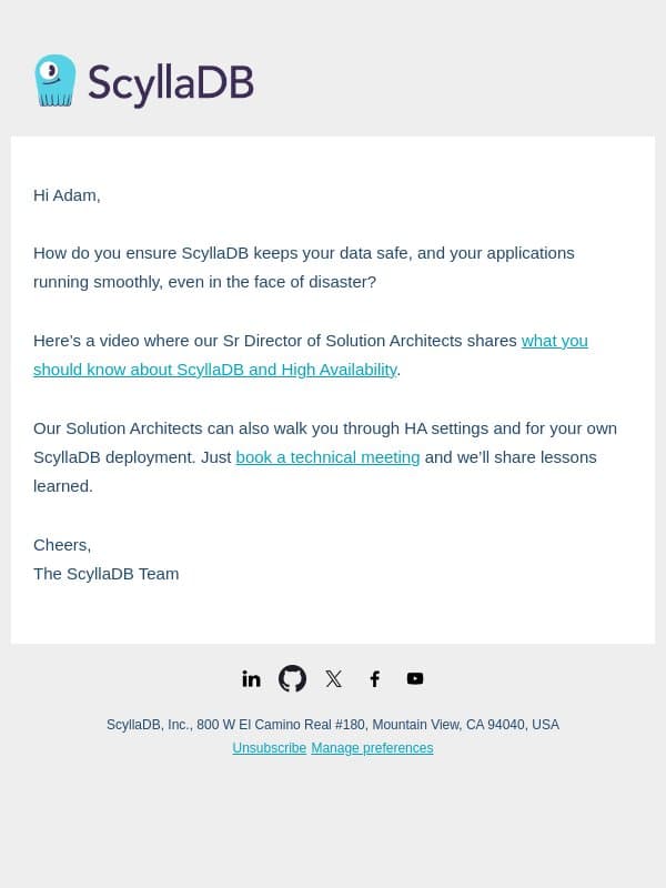 ScyllaDB high availability tips email from ScyllaDB