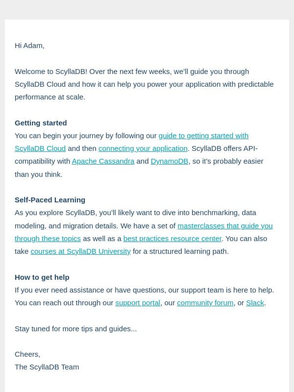 Thanks for choosing ScyllaDB Cloud, let’s get you started! email from ScyllaDB