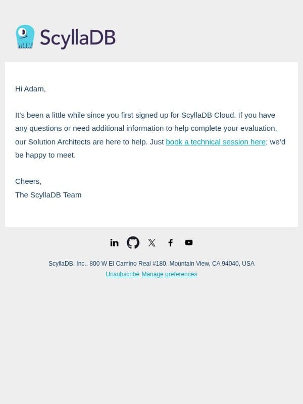 Your next steps with ScyllaDB email from ScyllaDB