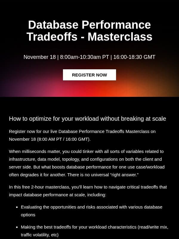 Masterclass: Database Performance Tradeoffs enrollment open email from ScyllaDB