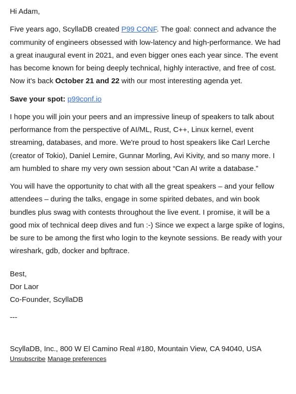 Join 30K latency-minded engineers online, starting October 21 email from ScyllaDB