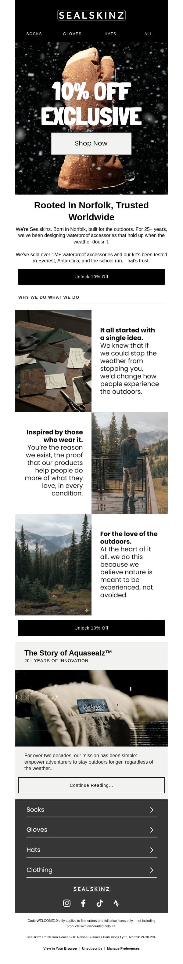 10% Off | Welcome to Sealskinz email from Sealskinz screenshot