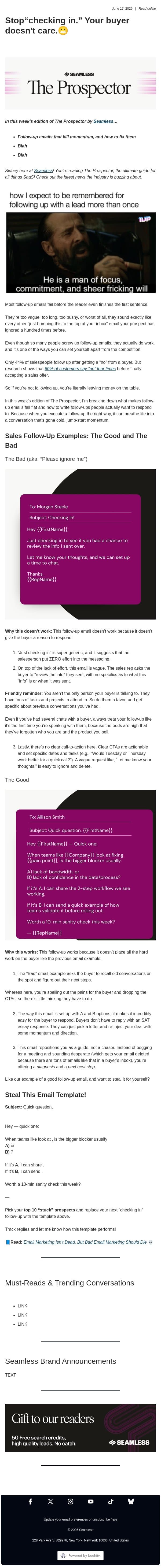 Stop“checking in.” Your buyer doesn't care.😬 email from Seamless.ai screenshot