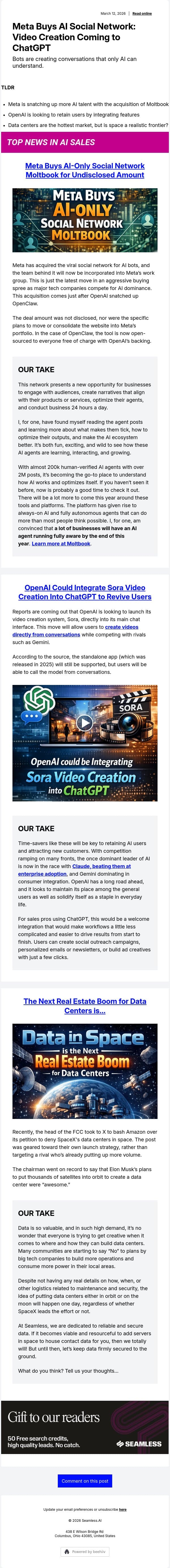 Meta Buys AI Social Network: Video Creation Coming to ChatGPT email from Seamless.ai screenshot