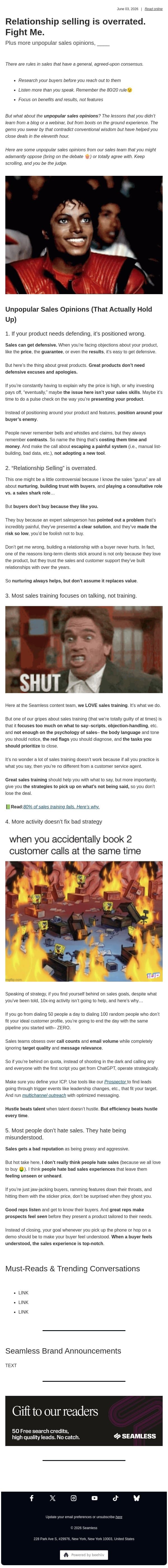 Relationship selling is overrated. Fight Me. email from Seamless.ai screenshot