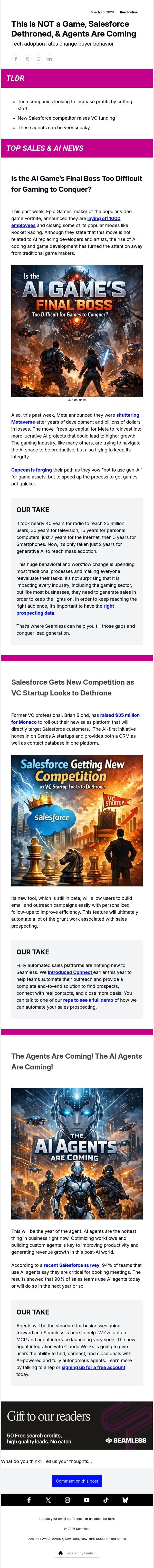 This is NOT a Game, Salesforce Dethroned, & Agents Are Coming email from Seamless.ai screenshot