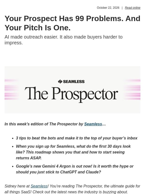 Your Prospect Has 99 Problems. And Your Pitch Is One. email from Seamless.ai