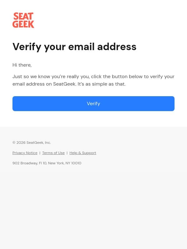 Verify your email email from SeatGeek screenshot