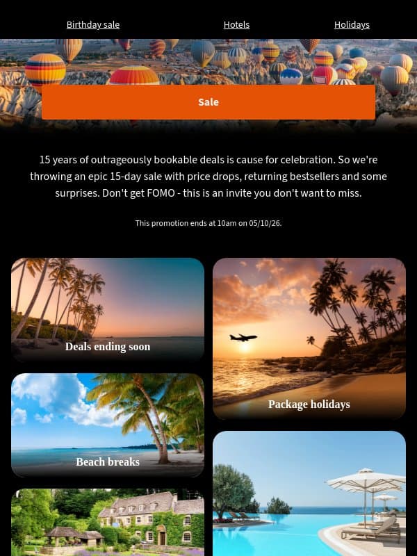 Birthday sale: 15 days of deals email from Secret Escapes