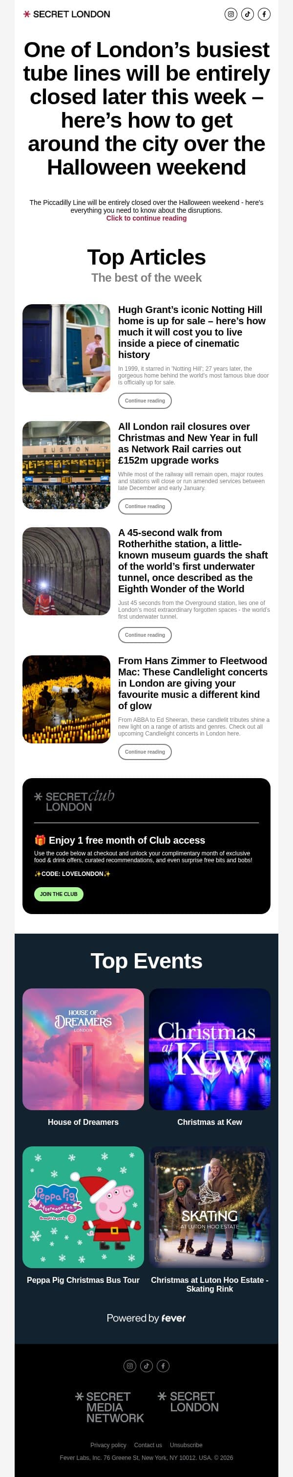 One of London’s busiest tube lines will be entirely closed later this week – here’s how to get around the city over the Halloween weekend email from Secret London screenshot