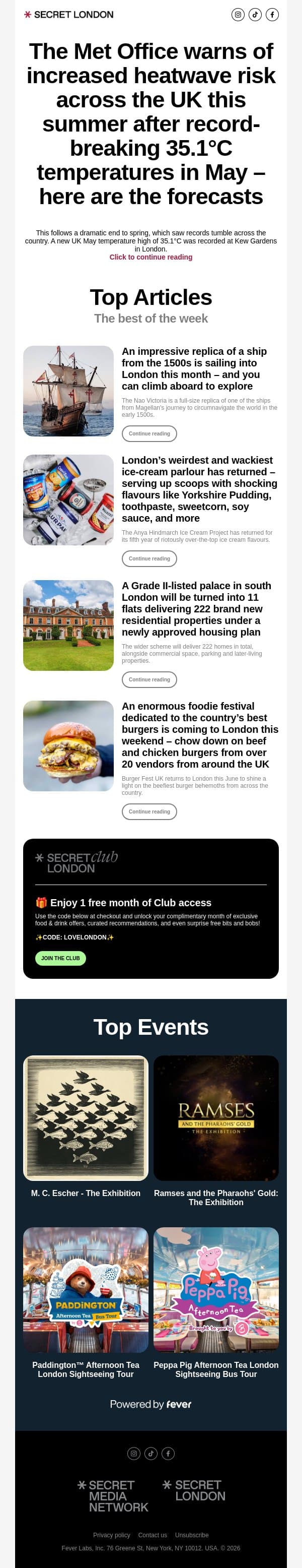 The Met Office warns of increased heatwave risk across the UK this summer after record-breaking 35.1°C temperatures in May – here are the forecasts email from Secret London screenshot
