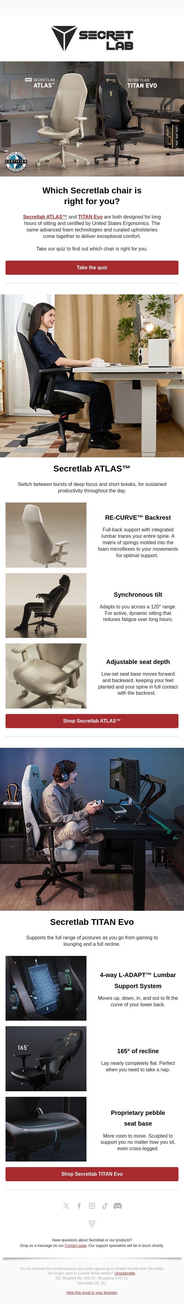Secretlab ATLAS™ vs TITAN Evo, explained email from Secretlab screenshot