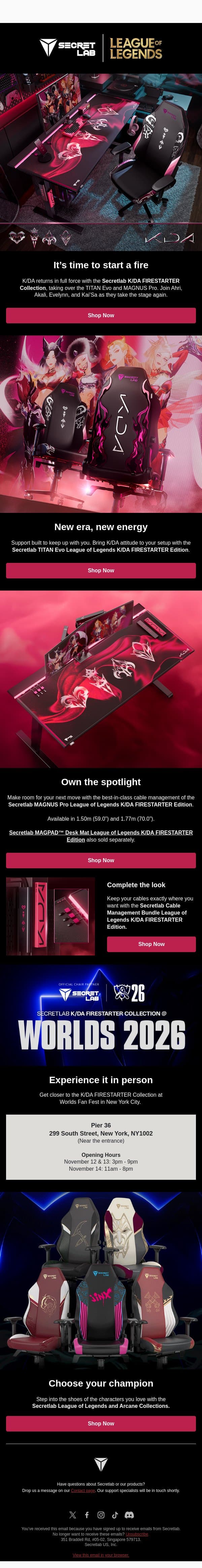 🆕K/DA FIRESTARTER Collection. BLADES, it’s time to start a fire. email from Secretlab screenshot