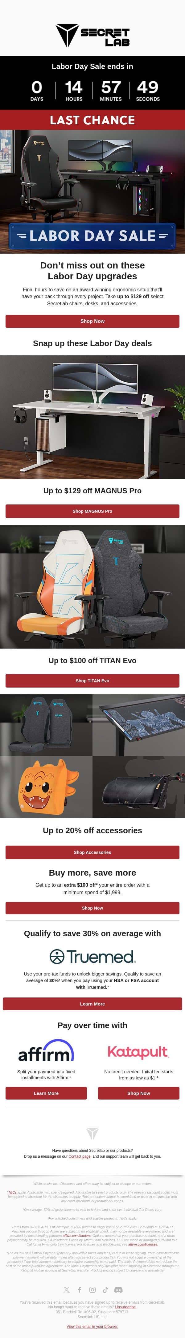 One day left: Up to $129 off this Labor Day email from Secretlab screenshot