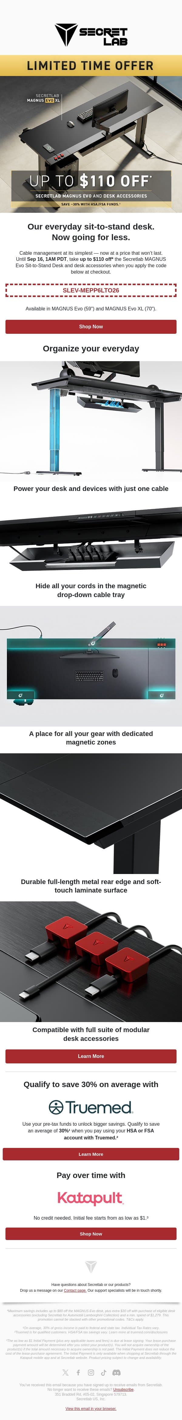 Up to $110 off MAGNUS Evo and desk accessories email from Secretlab screenshot