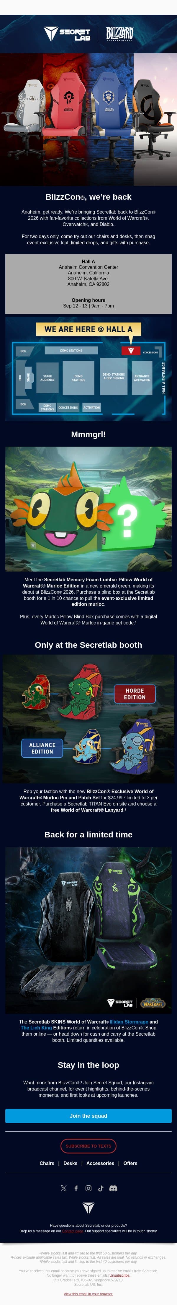 Only at BlizzCon® | Murloc pillow blind box, loot and more email from Secretlab screenshot