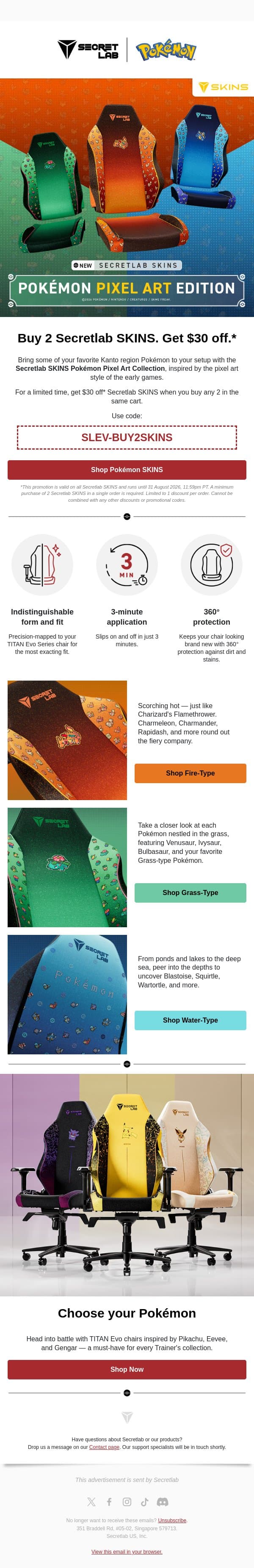 Last chance to get $30 off Pokémon SKINS email from Secretlab screenshot