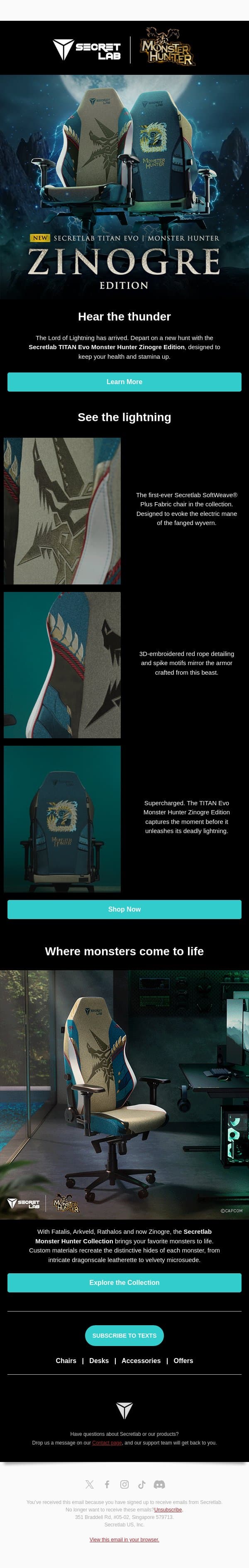 π Zinogre joins the Secretlab Monster Hunter Collection email from Secretlab screenshot