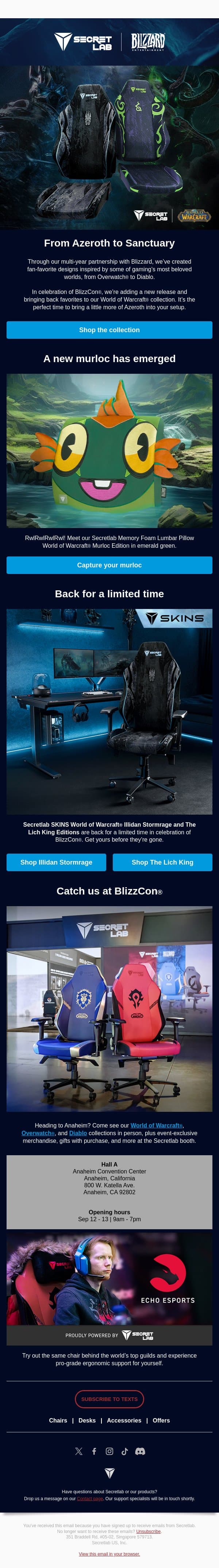 🆕World of Warcraft® Murloc Lumbar Pillow and limited drop SKINS email from Secretlab screenshot