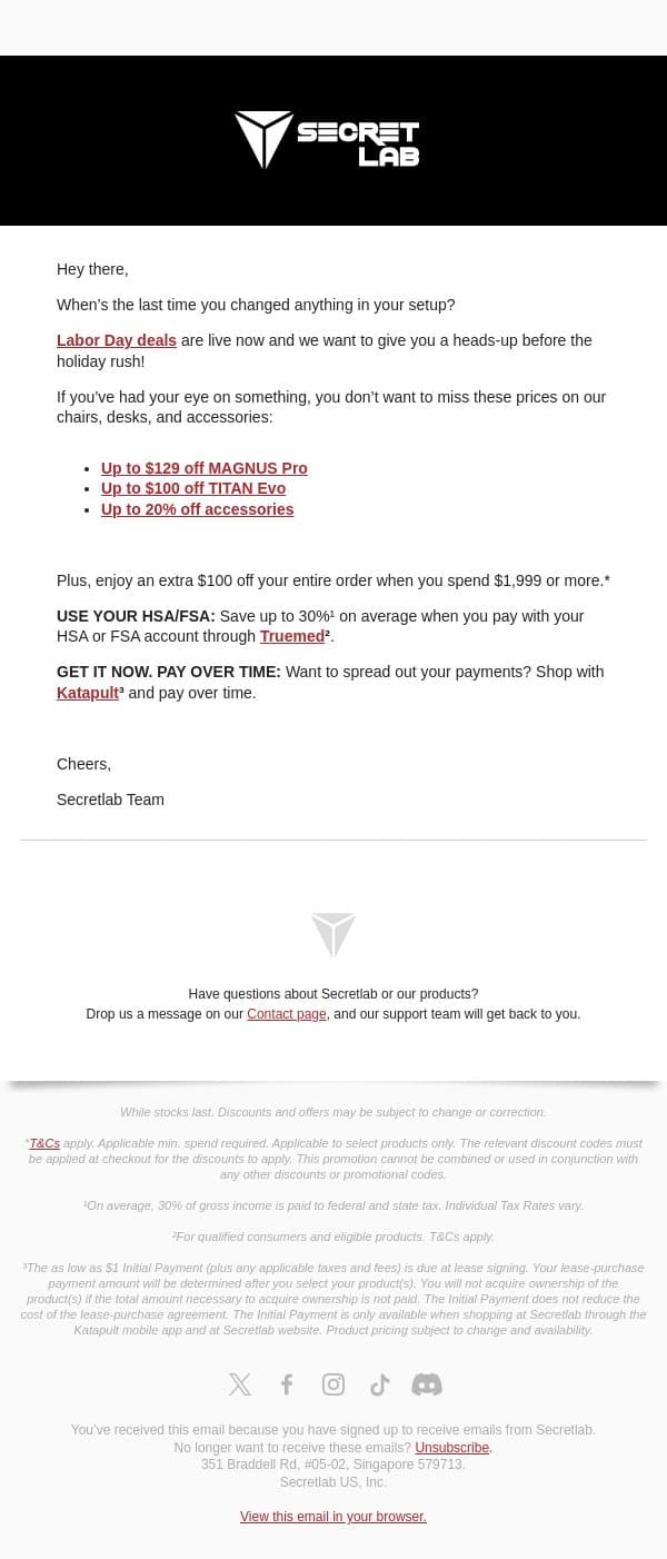 Live now: Up to $129 off this Labor Day email from Secretlab screenshot