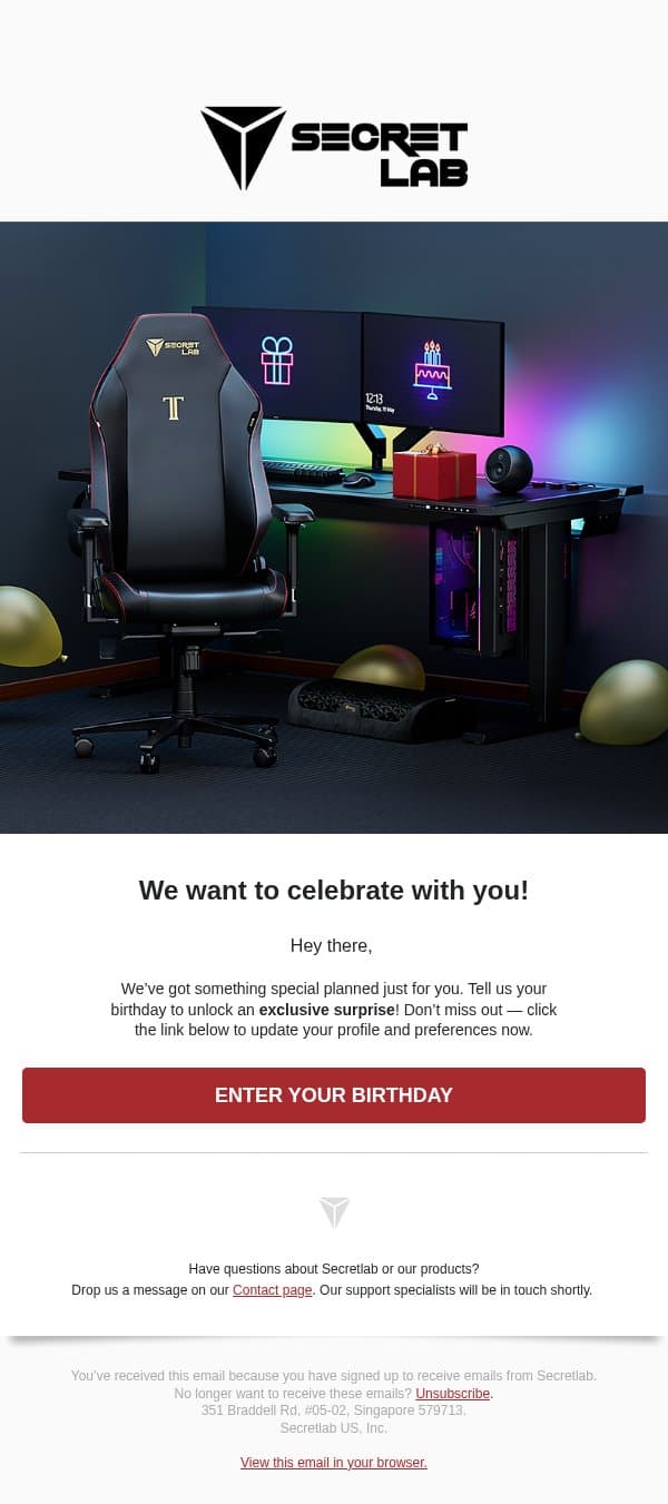 A birthday surprise is waiting email from Secretlab screenshot