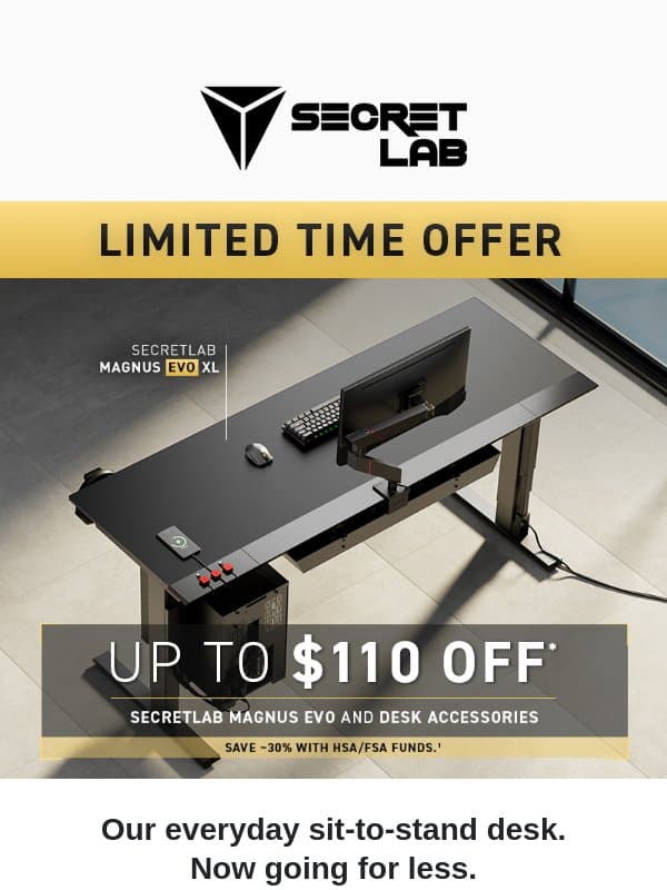 Up to $110 off MAGNUS Evo and desk accessories email from Secretlab