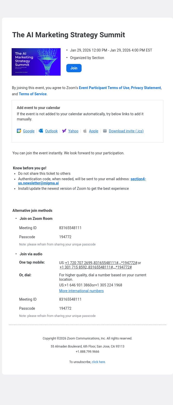 You are registered for The AI Marketing Strategy Summit email from Section4 screenshot